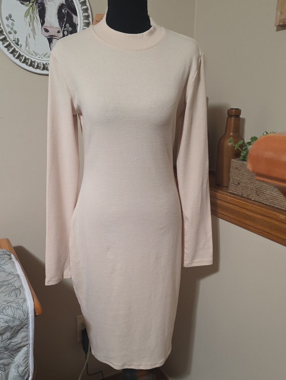 Long-Sleeve Cream Bodycon Midi Dress
